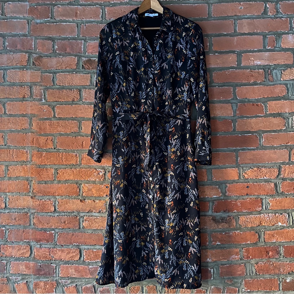 Dr2 Black Floral Long Sleeve Midi Button-Down Shirt Dress, Size Xs